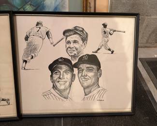 framed illustration of Babe Ruth, Mickey Mantle and Roger Maris - New York Yankees 