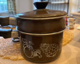 Vintage Mushroom and Vegetable Enamelware Saucepan 