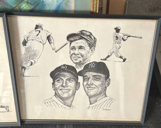 framed illustration of Babe Ruth, Mickey Mantle and Roger Maris - New York Yankees 
