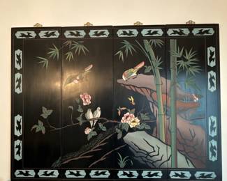 Four Panel Painted Screen with Birds and Bamboo