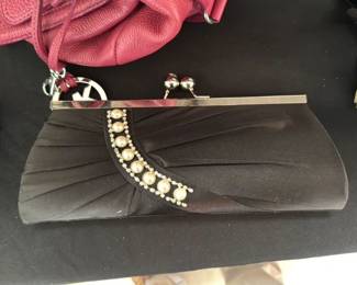 Black Satin Evening Clutch with Rhinestones and Pearls