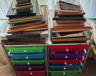 Picture frames, Storage rolling cabinet