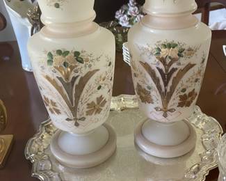Pair of antique hand painted vases approximately 13” tall