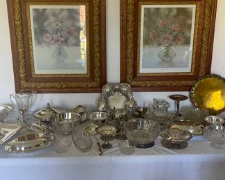 Vintage silver plate serving pieces, matching framed prints by