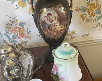 one of a pair of tall matching vases, antique biscuit jar