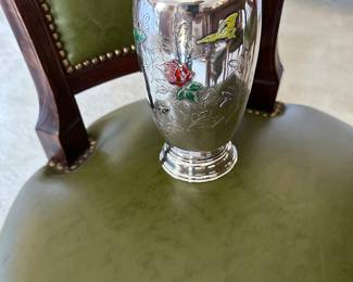 Signed etched silver vase with enamel flowers and butterfly. 