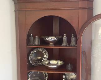 Cherry corner cabinet, one of a pair , vintage silver plate serving pieces