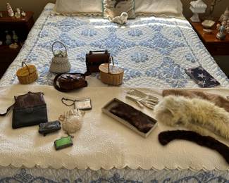 Queen size cross stitched hand quilted quilt, collection of ladies purses and ladies accessories