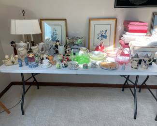 Uranium glass, lady vases, Fenton. Collector plates, art work