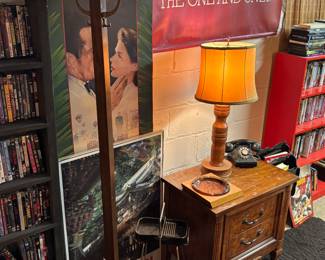 Coat rack, dresser, lamp, Sony poster, dvds not available