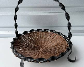 54 VintageRattanWickerBasketwTwistedWroughtIron