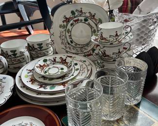 Ralph Lauren crystal herringbone glasses with Wedgwood Tally Ho and Hunting Scene china