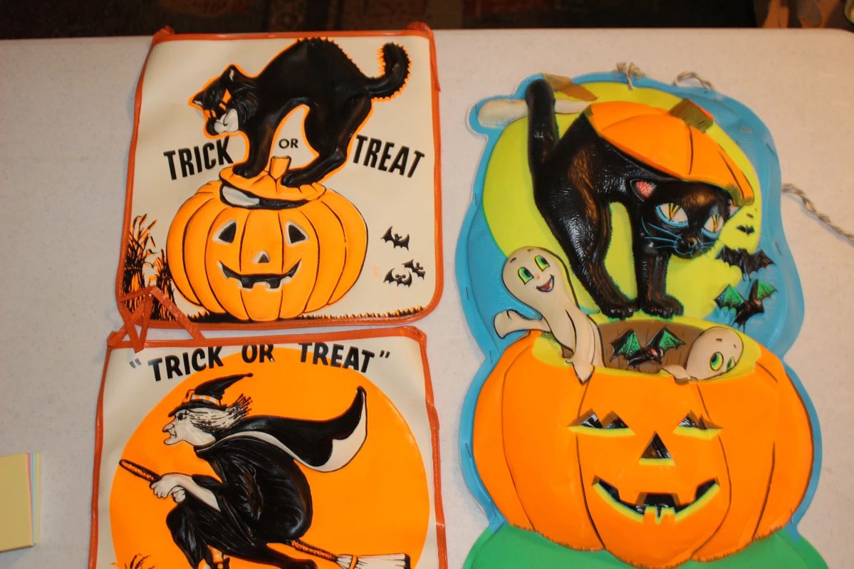 Vintage trick or treat bags. Vacuum blown vintage Halloween decorations.