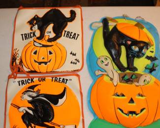 Vintage trick or treat bags. Vacuum blown vintage Halloween decorations.