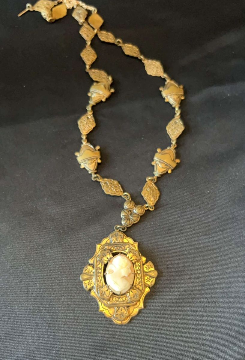 001 Rare Antique Victorian Czecho Etched gold tone filigree Cameo Necklace