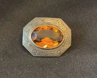 Sterling Silver Victorian Brooch With Citrine Glass Stone