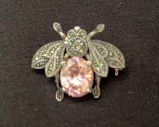 006 Beautiful Sterling Honey Bee Brooch With Pink Tourmaline
