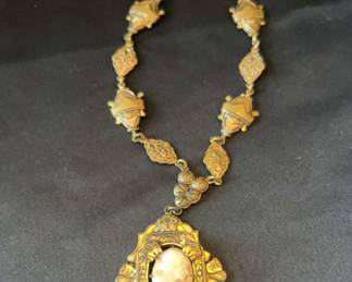 001 Rare Antique Victorian Czecho Etched gold tone filigree Cameo Necklace