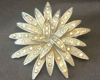 Vintage AB Aurora Borealis Rhinestone Silver Tone Brooch