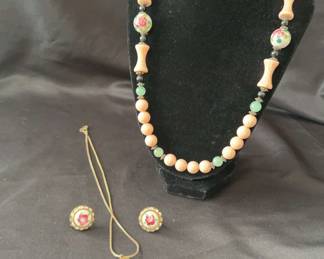 Vintage Guilloche Pendant And Earrings And Porcelain Chain