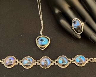 Vintage Silver Plate Blue Morpho Hand Painted Set