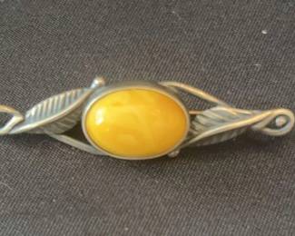 Sterling Silver Egg Yolk Amber Art Nouveau Style Brooch