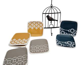 BoHo Style Appetizer Plates Geometic Floral + Bird Cage Wall Hook