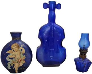 Antique Blue Cobalt Glass Bottles Violin Shape & Angel