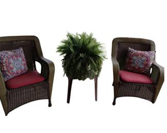 Patio Furniture Pair Outdoor Faux Wicker Chairs Plant Table Fern Pillows