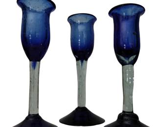 Art Glass Cobalt Clear Bubbles Candleholders Stemmed