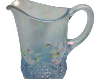 Fenton Iridized Ice Blue Glass Pitcher Hand Painted Marked Artist Signed
