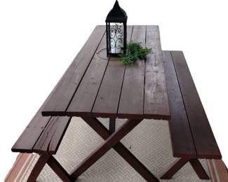 Solid Wood Patio Picnic Table Benches Lantern Decor