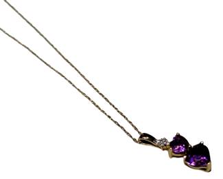 Gold Jewelry 14KT Necklace 2 Amethyst Hearts