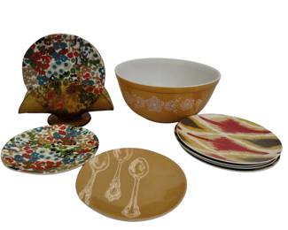 Pyrex Golden Butterfly Mixing Bowl + Napkin Holder Appetizer Plates