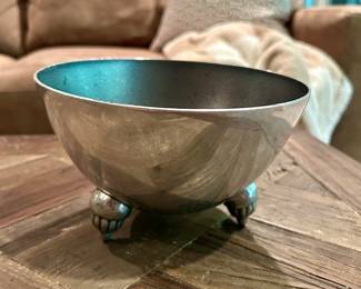Vintage-style silver-toned metal bowl with tripod claw feet - $10
Features a beautifully aged patina on the exterior and a textured dark interior. Perfect as a candy dish, trinket holder, or decorative accent.