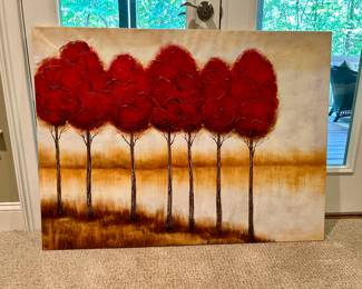 Large Original Canvas Painting – Red Trees Landscape - Price Firm $125
Beautiful large-scale canvas painting featuring a striking row of red trees against a warm, golden-brown horizon. Bold colors and textured brushwork make this piece a dramatic statement for any room. The back of the canvas includes a personal note from the artist, adding charm and provenance.
Dimensions: Approx. 36” x 48”
Condition: Excellent