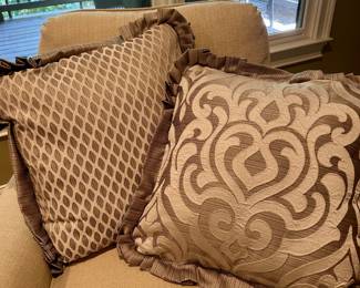 Pair of J. Queen New York Decorative Pillows - $18
Elegant designer accent pillows by J. Queen New York. Features pleated edges and intricate patterns in neutral taupe and cream tones—one with a damask motif and one with a geometric diamond design. Perfect for adding a touch of luxury to any living room or bedroom décor.

Dimensions (each, approx.): 18” × 18”
Condition: Excellent