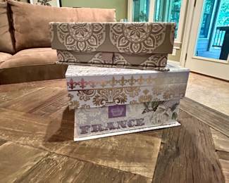 Set of 2 Decorative Storage Boxes - $10 for the Set
Attractive nesting-style decorative storage boxes. One features a gray medallion design, the other a French-inspired motif with fleur-de-lis, script, and rose details. Perfect for organizing, gift-giving, or accent décor.

Dimensions (approx.):
	•	Larger: 15” × 11” × 6”
	•	Smaller: 13” × 9” × 5”

Condition: Excellent
