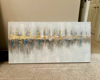 Abstract Canvas Wall Art – Gold & Blue Accents - $55
Beautiful large abstract canvas featuring textured layers with shimmering gold leaf accents and subtle blue and gray tones. The modern design adds sophistication and elegance, making it a perfect statement piece for a living room, bedroom, or office.