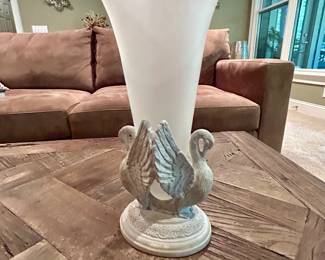 Bombay Company Frosted Glass Swan Vase - $10
Tall frosted glass vase with decorative sculpted base featuring twin swans. Elegant design, perfect for classical or traditional décor.

Approx. 11″ tall.