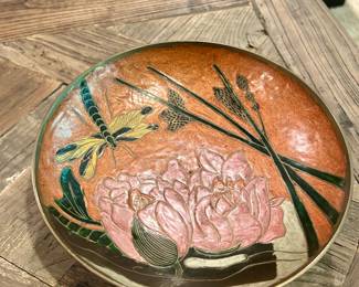 Decorative Brass Bowl – $20
Solid brass bowl with hand-painted enamel floral and dragonfly design. About 8” across. Great accent piece for table or shelf.