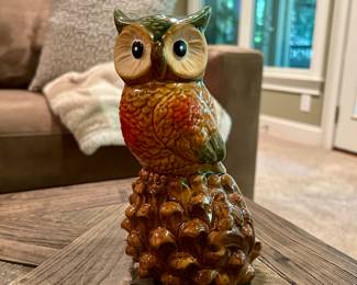 SOLD

Vintage Ceramic Owl Figurine - $15
Charming hand-painted ceramic owl perched on a pinecone base. Glossy glazed finish in warm shades of green, orange, and brown with detailed feather texture and wide, expressive eyes. A classic mid-century decorative piece that adds a touch of retro charm to any shelf, mantel, or collection. In excellent vintage condition with no chips or cracks.