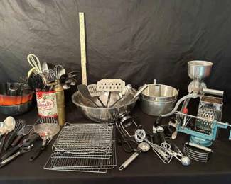 Meat Grinder, Apple Peeler, Pepper Grinder, Cooling Racks, Bundt Pans, Large Bowls And Accessories 