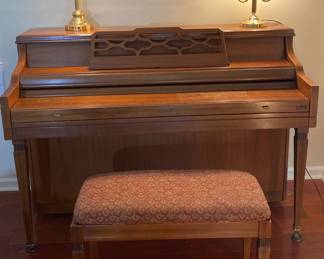 Kimball Upright Piano W Bench And Gokd Brass Colored Lamps