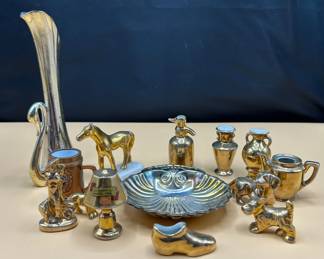 Various Gold Colored Figurines, Silver Plated Small Bowl, Silver Colored Vase