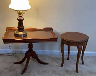 Two Vintage Unbranded Pedestal Tables And Vintage Hurricane Lamp
