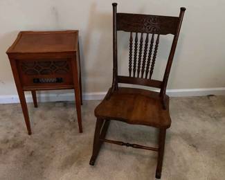 Carved Wooden Rocking Chair And Vintage Radio Side Table