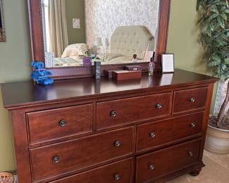 (13) Dresser with mirror, 7 dovetailed drawers.  Measurements:
Dresser 66”w 20”d 40”h.
Mirror 49” x 37” 