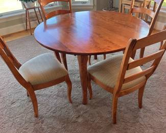 (12) Nichols & Stone quality dining table set.  Heavy and sturdy.  2 leaves with apron. 50”d, each leaf 20”d, max oval 50” x 90”.  Quality chairs: 2 arm chairs and 4 side chairs.  