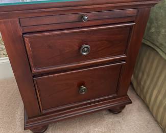 (15) Nightstands (2 of these, matching #13 dresser)  2 drawers and pull-out writing surface, and protective glass top. Measurements: 20”w 17”d 27”h